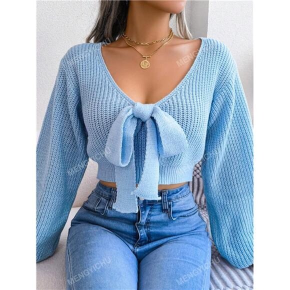 Variété Boutique Sweaters - Fashionable Bowknot V-Neck Lantern Sleeve Crop Sweater